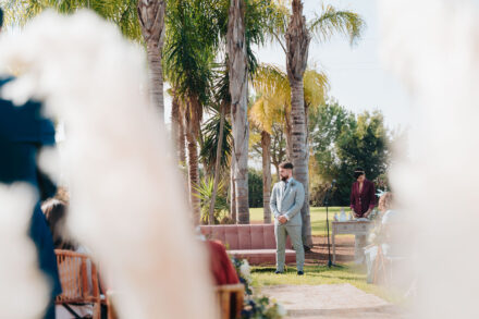 The groom waits at the altar among palm trees, seen through blurred pampas grass along the aisle
