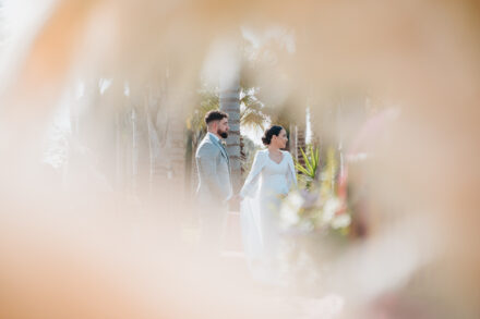 The couple hold hands among palm trees, framed by a warm, blurred foreground