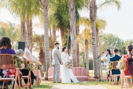 Wide view of the ceremony among the palm trees of Hacienda Al-Baraka, with guests on wooden chairs