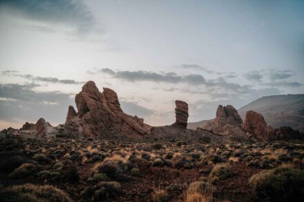 Los Roques de García entre matorrales secos, bajo un cielo nublado al caer la tarde