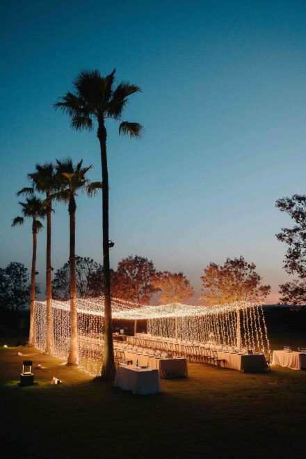 Mesas largas bajo un techo de cortinas de luces entre palmeras, al anochecer