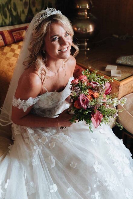 Colorful bridal bouquet with roses and greenery at Hacienda Villa Luisa wedding Seville