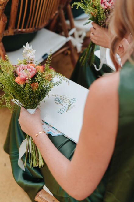 Wedding bouquet detail with bridesmaids