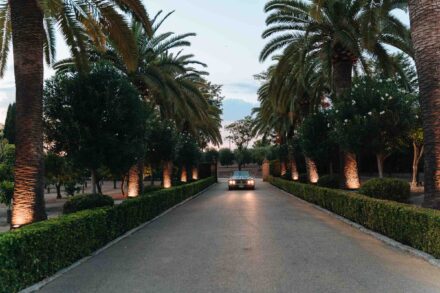 Vintage car driving through palm-lined avenue at Castillo de la Monclova in Seville at sunset
