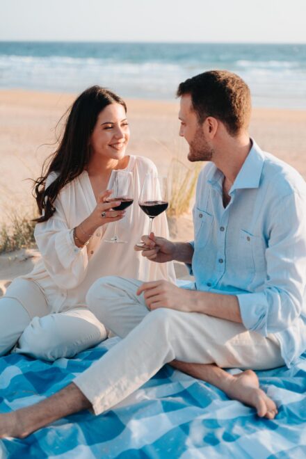 La pareja brinda con copas de vino tinto sentada en una manta de cuadros azules en la playa