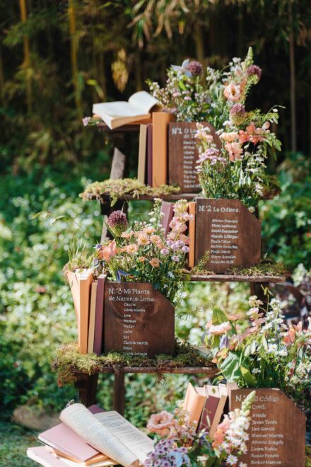 Plano de mesas en carteles de madera con títulos de libros, como «La Odisea», entre flores y libros abiertos