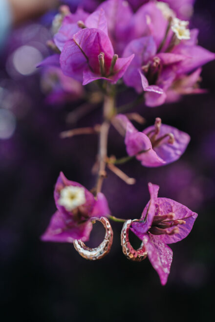 Aros dorados martillados colgados de las flores fucsias de una buganvilla